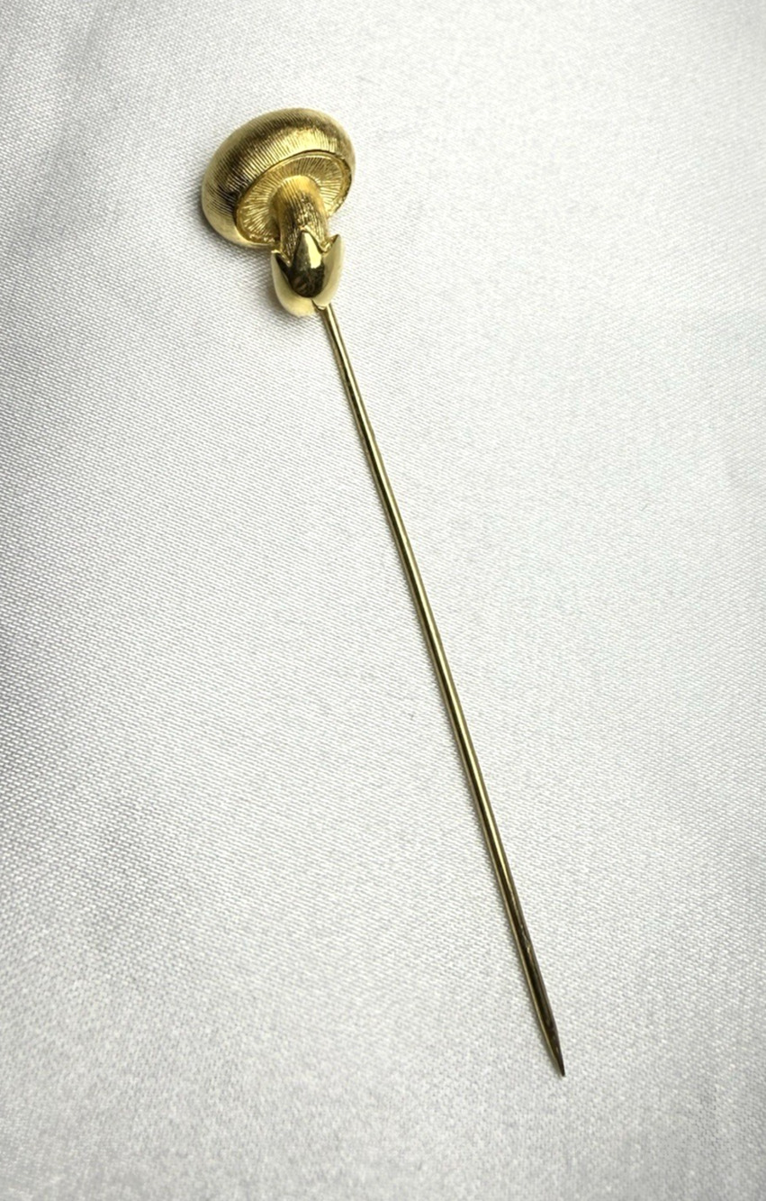 Vintage Trifari Gold Tone Mushroom Stick Pin Lapel Hat Scarf Fungi 2.5" No Cap
